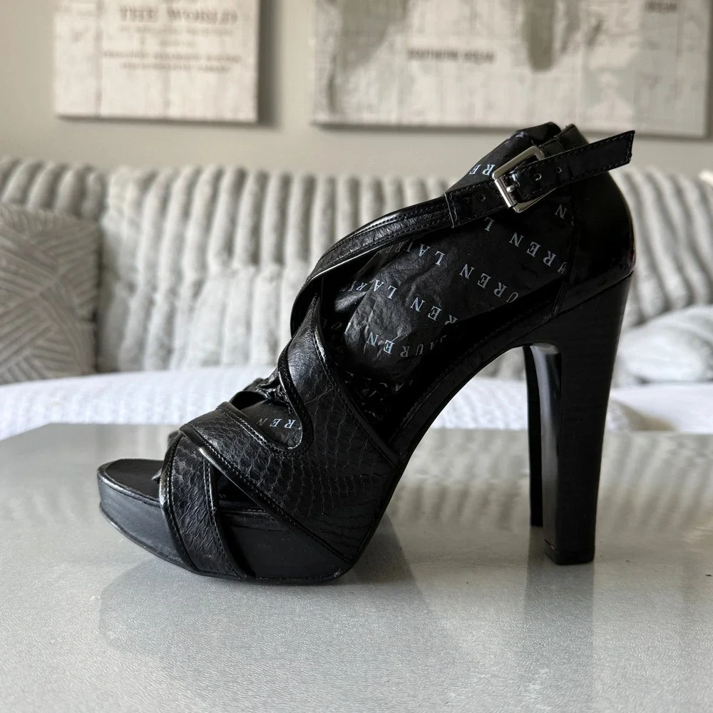 Lauren Ralph Lauren Womens Black Patent Snake Print Platform Sandals Heels 9.5B